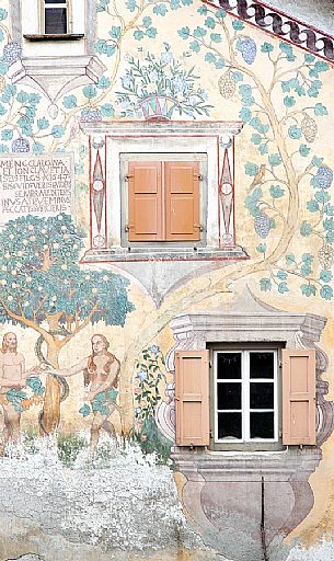 Detail of Chasa Clalguna, historic house with frescos representing Adam and Eve in Ardez village, a little village with painted 17th Century houses, Low Engadin, Canton of Grisons, Switzerland, Europe