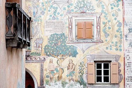 Detail of Chasa Clalguna, historic house with frescos representing Adam and Eve in Ardez village, a little village with painted 17th Century houses, Low Engadin, Canton of Grisons, Switzerland, Europe