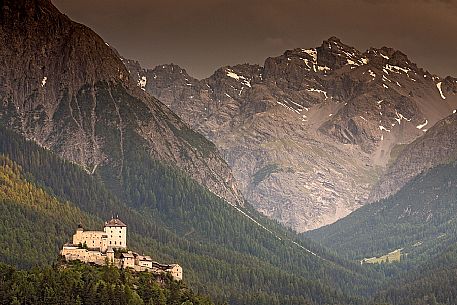 Tarasp Castle and the mountains of Swiss national park, Lower Engadin, Canton of Grisons, Switzerland, Europe