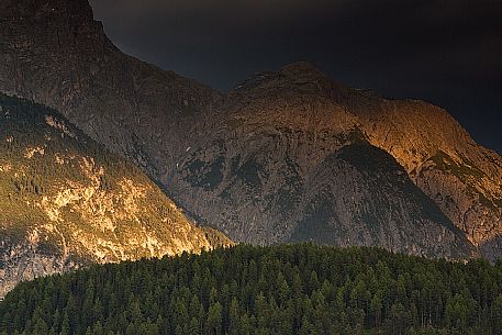 Detail of mountains of national park swiss at sunset next to Scuol, low engadin, canton of Grisons, Switzerland, Europe