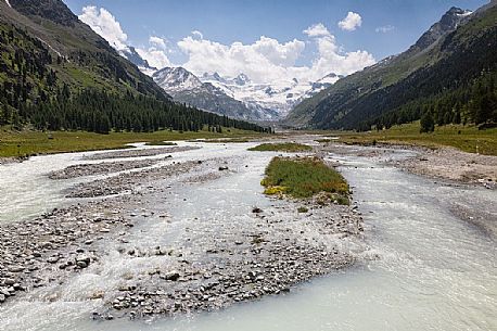 Glacial stream Roseg valley, in the background the glacier and the Piz Roseg in the Bernina mountain group, Pontresina, Engadine, Canton of Grisons, Switzerland, Europe