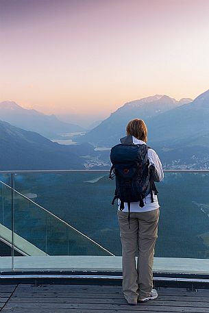 View from Muottas Muragl of St. Moritz with Upper Engadin Lakes, Samedan, Engadin, Canton of Grisons, Switzerland, Europa