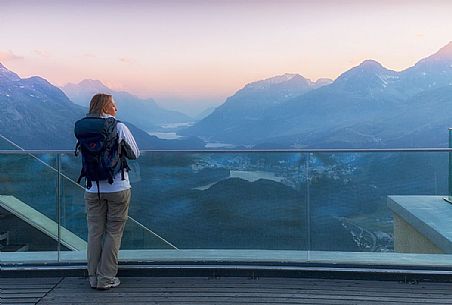 View from Muottas Muragl of St. Moritz with Upper Engadin Lakes, Samedan, Engadin, Canton of Grisons, Switzerland, Europa