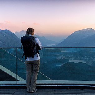 View from Muottas Muragl of St. Moritz with Upper Engadin Lakes, Samedan, Engadin, Canton of Grisons, Switzerland, Europa