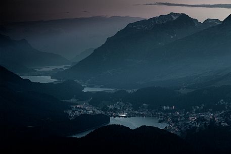 View from Muottas Muragl of St. Moritz with Upper Engadin Lakes, Engadin, Canton of Grisons, Switzerland, Europa