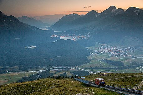 Muottas Muragl funicular with of St. Moritz village and Upper Engadin Lakes, Engadin, Canton of Grisons, Switzerland, Europa