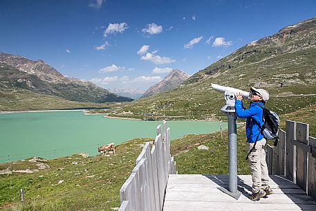 Child looking the Bernina mountain group with coin operated binoculars, Bernina Pass, in the background the Lago Bianco lake, Engadin, Canton of Grisons, Switzerland, Europe
 