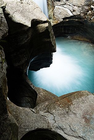 View from above of waterfall in the Cavaglia Glacial Garden also referred to as Giants Pots, Cavaglia, Poschiavo valley, Engadin, Canton of Grisons, Switzerland, Europe