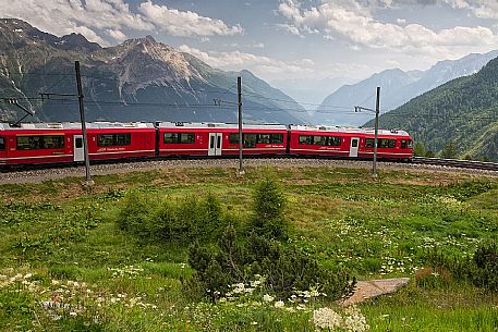 Benina express, UNESCO World Heritage, in the Poschiavo valley, Rhetic railways, Engadin, Canton of Grisons, Switzerland, Europe