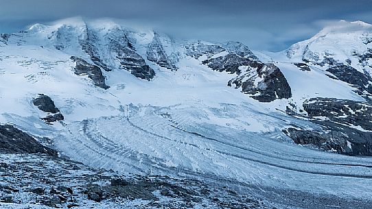 Piz Palu and Piz Bernina with glacier at twilight from of Diavolezza hut, Pontresina, Engadin, Canton of Grisons, Switzerland, Europe