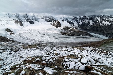 Panoramic view of Bernina mountain range with Morteratsch and Pers glaciers from Diavolezza, Engadin, Canton of Grisons, Switzerland, Europe Panoramic view of Bernina mountain range with Morteratsch and Pers glaciers from Diavolezza, Engadin, Canton of Grisons, Switzerland, Europe