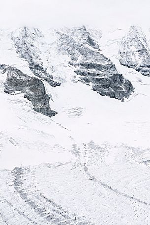 Detail of  Bernina mountain range with Morteratsch glacier after a snowfall, Diavolezza hut, Pontresina, Engadin, Canton of Grisons, Switzerland, Europe