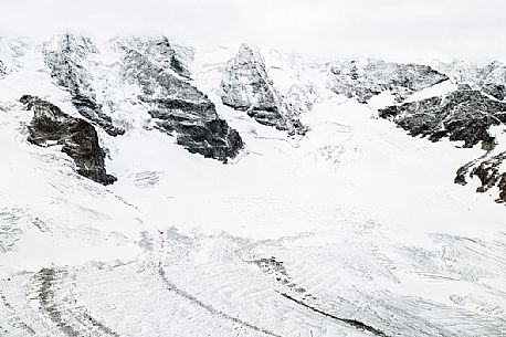 Detail of  Bernina mountain range with Morteratsch glacier after a snowfall, Diavolezza hut, Pontresina, Engadin, Canton of Grisons, Switzerland, Europe