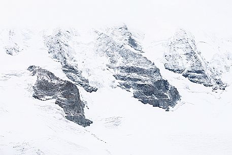 Detail of  Bernina mountain range with Morteratsch glacier after a snowfall, Diavolezza hut, Pontresina, Engadin, Canton of Grisons, Switzerland, Europe