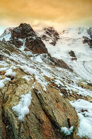 Detail of  Bernina mountain range with Morteratsch glacier after a snowfall, Diavolezza hut, Pontresina, Engadin, Canton of Grisons, Switzerland, Europe