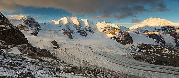 Piz Palu, Bellavista an Piz Bernina at sunrise from of Diavolezza hut, Pontresina, Engadin, Canton of Grisons, Switzerland, Europe