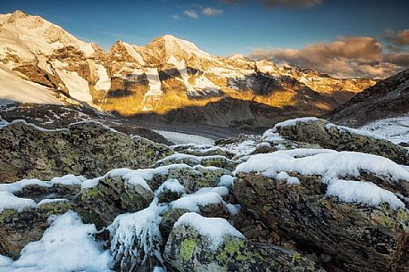 Piz Bernina at sunrise from of Diavolezza hut, Pontresina, Engadin, Canton of Grisons, Switzerland, Europe