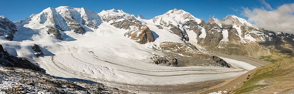 Panoramic view of Bernina mountain range with Morteratsch and Pers glaciers from Diavolezza, Engadin, Canton of Grisons, Switzerland, Europe