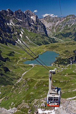 Titlis cableway and the Trubsee lake in the background, Engelberg, Canton of Obwalden, Switzerland, Europe Titlis cableway and the Trubsee lake in the background, Engelberg, Canton of Obwalden, Switzerland, Europe