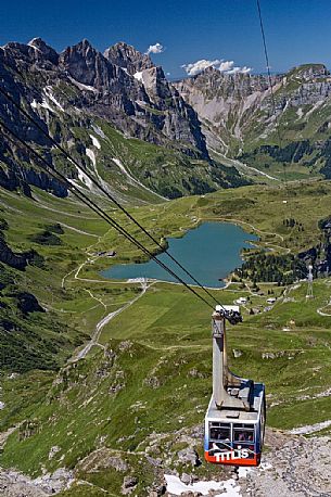 Titlis cableway and the Trubsee lake in the background, Engelberg, Canton of Obwalden, Switzerland, Europe