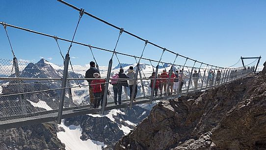 Tourists in the Titlis Cliff Walk, the Europes highest suspension bridge, Engelberg, Canton of Obwalden, Switzerland, Europe