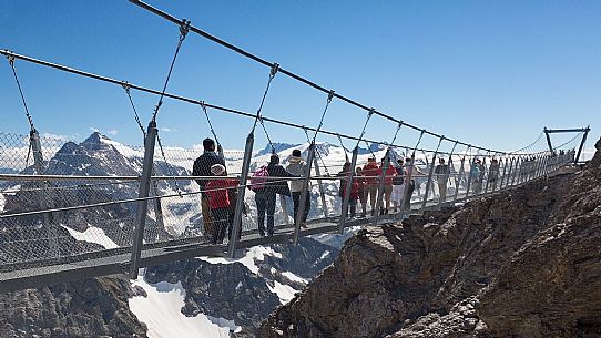 Tourists in the Titlis Cliff Walk, the Europe’s highest suspension bridge, Engelberg, Canton of Obwalden, Switzerland, Europe Tourists in the Titlis Cliff Walk, the Europe’s highest suspension bridge, Engelberg, Canton of Obwalden, Switzerland, Europe