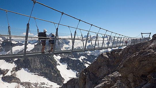 Tourists in the Titlis Cliff Walk, the Europes highest suspension bridge, Engelberg, Canton of Obwalden, Switzerland, Europe