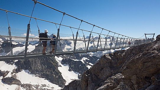 Tourists in the Titlis Cliff Walk, the Europe’s highest suspension bridge, Engelberg, Canton of Obwalden, Switzerland, Europe Tourists in the Titlis Cliff Walk, the Europe’s highest suspension bridge, Engelberg, Canton of Obwalden, Switzerland, Europe