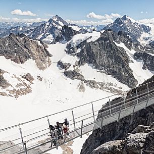 Aerial view of tourists in the Titlis Cliff Walk, the Europes highest suspension bridge, Engelberg, Canton of Obwalden, Switzerland, Europe