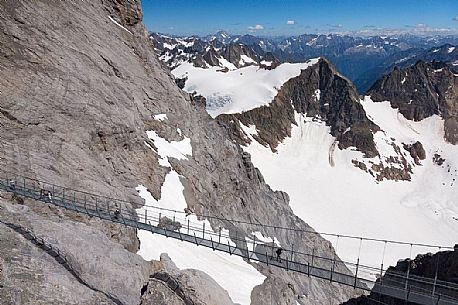 Aerial view of tourists in the Titlis Cliff Walk, the Europes highest suspension bridge, Engelberg, Canton of Obwalden, Switzerland, Europe