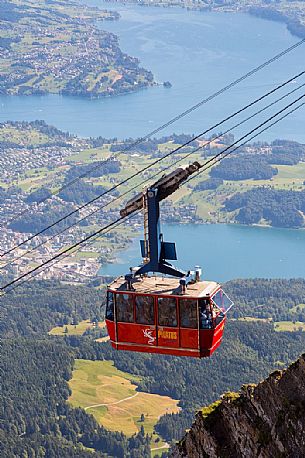 View from Pilatus Mountain of the Aerial Cableway from Lucerne, in the background the Lucerne lake, Border Area between the Cantons of Lucerne, Nidwalden and Obwalden, Switzerland, Europe