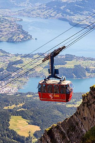 View from Pilatus Mountain of the Aerial Cableway from Lucerne, in the background the Lucerne lake, Border Area between the Cantons of Lucerne, Nidwalden and Obwalden