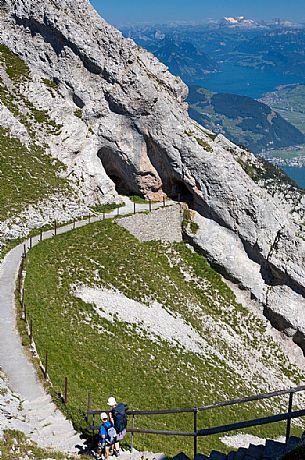 Hiking on the Pilatus mountainn area, in the background the Lucerne lake,  Border Area between the Cantons of Lucerne, Nidwalden and Obwalden, Switzerland, Europe