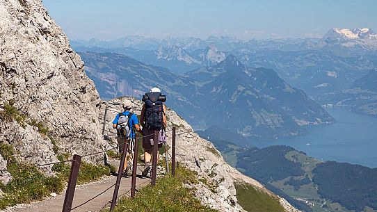 Hiking on the Pilatus mountainn area, in the background the Lucerne lake,  Border Area between the Cantons of Lucerne, Nidwalden and Obwalden, Switzerland, Europe