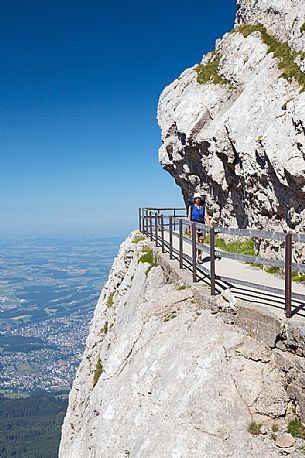 Hiking on the Pilatus mountainn area, in the background the Lucerne city,  Border Area between the Cantons of Lucerne, Nidwalden and Obwalden, Switzerland, Europe