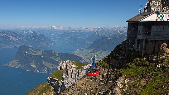 The Aerial Cableway from Lucerne arriving at the summit station of Pilatus mountain,  in the background the Lucerne lake, Border Area between the Cantons of Lucerne, Nidwalden and Obwalden