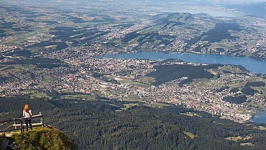 View of the city and the lake of Lucerne from the belvedere of Pilatus mount, border Area between the Cantons of Lucerne, Nidwalden and Obwalden