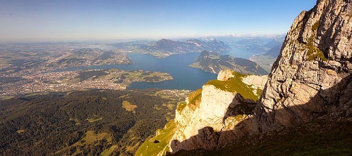 View from Pilatus Mount towards the city and the lake of Lucerne in the background, Border Area between the Cantons of Lucerne, Nidwalden and Obwalden