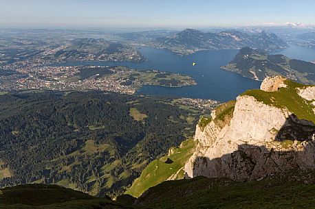 View from Pilatus Mount towards the city and the lake of Lucerne in the background, Border Area between the Cantons of Lucerne, Nidwalden and Obwalden