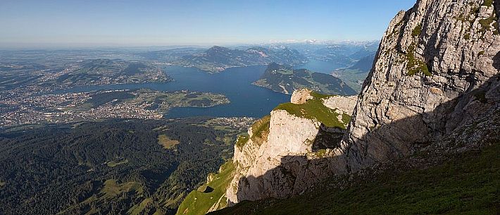 View from Pilatus Mount towards the city and the lake of Lucerne in the background, Border Area between the Cantons of Lucerne, Nidwalden and Obwalden View from Pilatus Mount towards the city and the lake of Lucerne in the background, Border Area between the Cantons of Lucerne, Nidwalden and Obwalden
