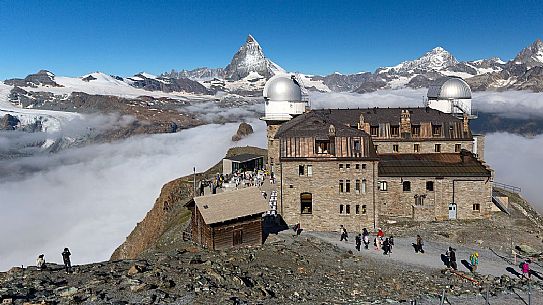 Kulm hotel and the astronomic observatory at the Gornergrat, in the background the Matterhorn or Cervino mount, Zermatt, Valais, Switzerland, Europe
