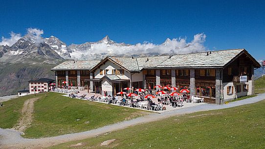 Sun terrace of Riffelberg alpine hut on the Gornergrat area, Zermatt, Valais, Switzerland, Europe