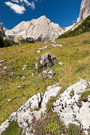 Ombretta mount and the south cliff of Marmolada from Ombretta valley, Alto Agordino, dolomites, Veneto, Italy, Europe