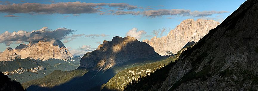 Beautiful light in the Pettorina valley with Civentta and Pelmo mounts from Ombretta valley, Marmolada mountain range, dolomites, Veneto, Italy, Europe