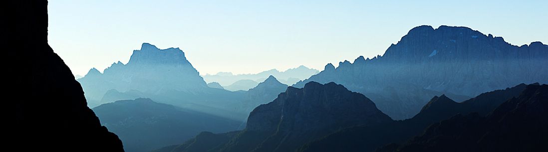 Sunrise in the Pettorina valley with Pelmo and Civetta mounts from Ombretta valley, Marmolada mountain range, dolomites, Veneto, Italy, Europe