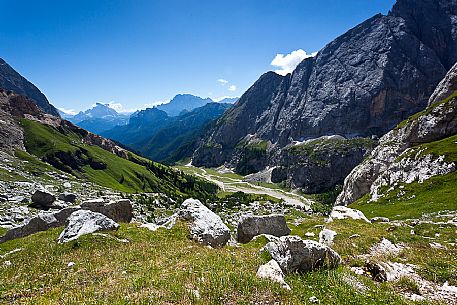 Pian Ombretta and Ombretta valley in the Marmolada mountain range, dolomites, Veneto, Italy, Europe Pian Ombretta and Ombretta valley in the Marmolada mountain range, dolomites, Veneto, Italy, Europe