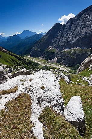 Pian Ombretta and Ombretta valley in the Marmolada mountain range, dolomites, Veneto, Italy, Europe Pian Ombretta and Ombretta valley in the Marmolada mountain range, dolomites, Veneto, Italy, Europe