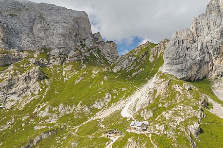 View from above Calvi mountain hut in Sesis valley, Sappada, dolomites, Friuli Venezia Giulia, Italy, Europe