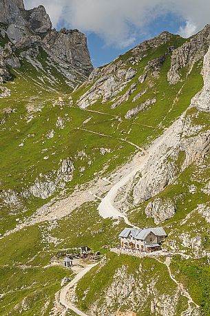 View from above Calvi mountain hut in Sesis valley, Sappada, dolomites, Friuli Venezia Giulia, Italy, Europe View from above Calvi mountain hut in Sesis valley, Sappada, dolomites, Friuli Venezia Giulia, Italy, Europe