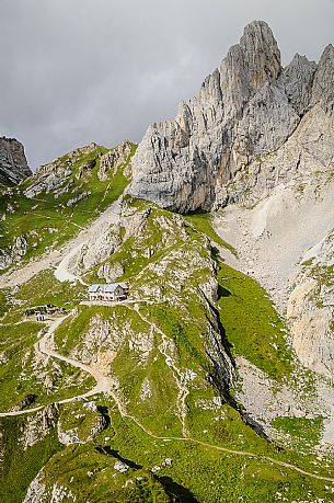 View from above Calvi mountain hut in Sesis valley, Sappada, dolomites, Friuli Venezia Giulia, Italy, Europe View from above Calvi mountain hut in Sesis valley, Sappada, dolomites, Friuli Venezia Giulia, Italy, Europe